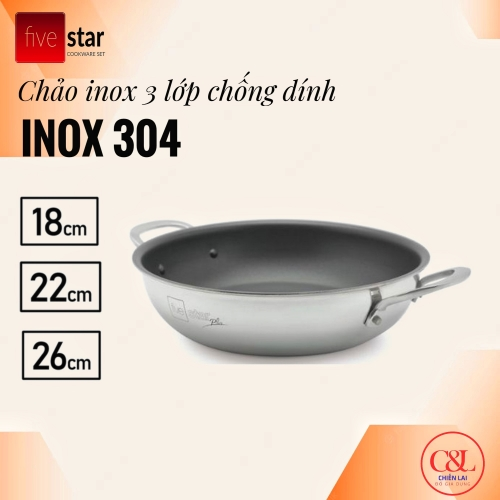CHẢO CHỐNG DÍNH INOX 3 LỚP FIVESTAR 18CM 2 QUAI