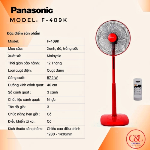 Quạt cây có điều khiển Panasonic F-409K (đỏ)