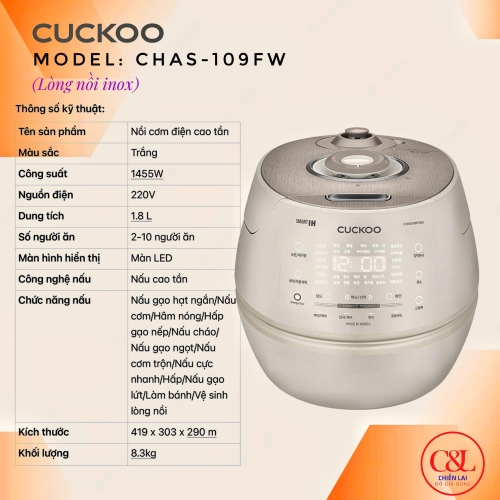 Nồi cơm điện cao tần Cuckoo CHAS109FW(TRẮNG) 1.8L (Lòng inox)