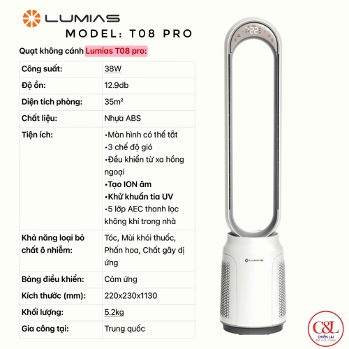 Quạt không cánh tích hợp lọc không khí Lumias T08 Pro