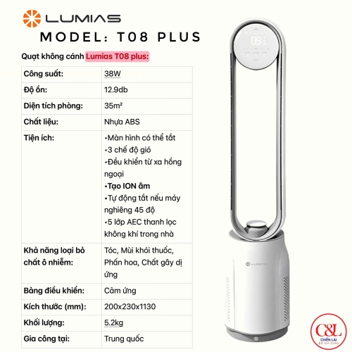 Quạt không cánh tích hợp lọc không khí Lumias T08 Plus