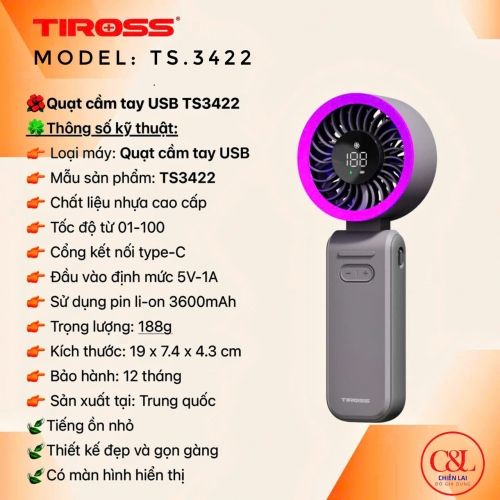 Quạt sạc USB cầm tay mini Tiross TS3422