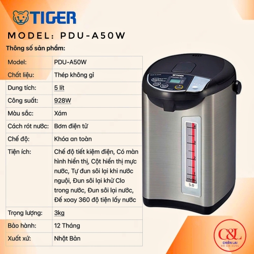 Bình thủy điện Tiger PDU-A50W (𝟱𝗟)
