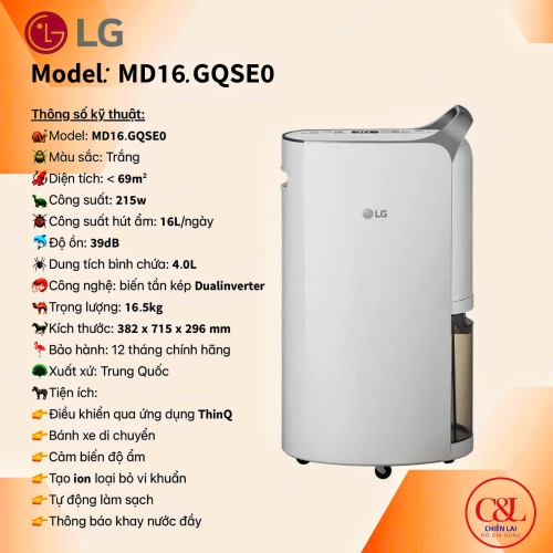 Máy hút ẩm LG Dual Inverter 16L MD16GQSE0.ABAE